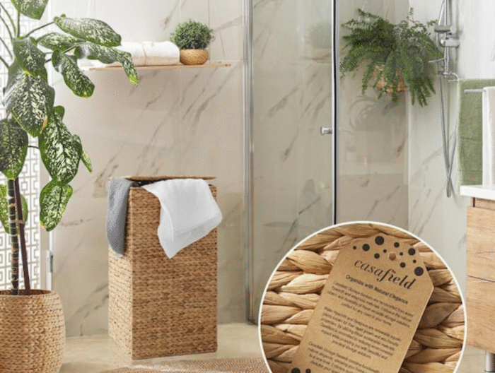 Brown Natural 14.25 in. x 27 in. Wicker Water Hyacinth Decorative Basket Square Laundry Hamper with Lid and Liner