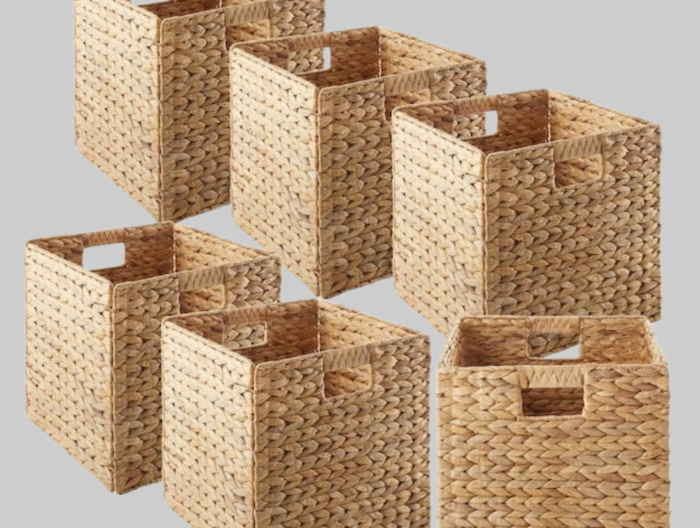 Bryce 10.63 in. x 10.63 in. Farmhouse Metal/Hyacinth Natural Storage Cube Decorative Baskets with Handle (Set of 5)