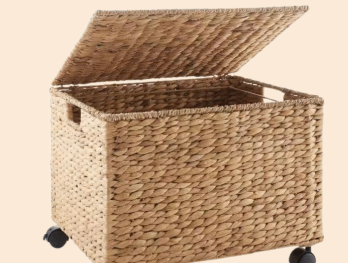 Brown Natural 18 in. x 14 in. Wicker Water Hyacinth Decorative Basket Rolling Filing Cabinet File Organizer